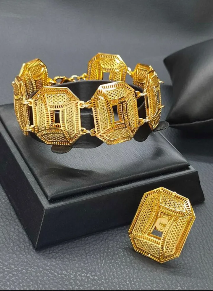 21k Gold Plated Bracelet & Ring Jewelry Set For Women