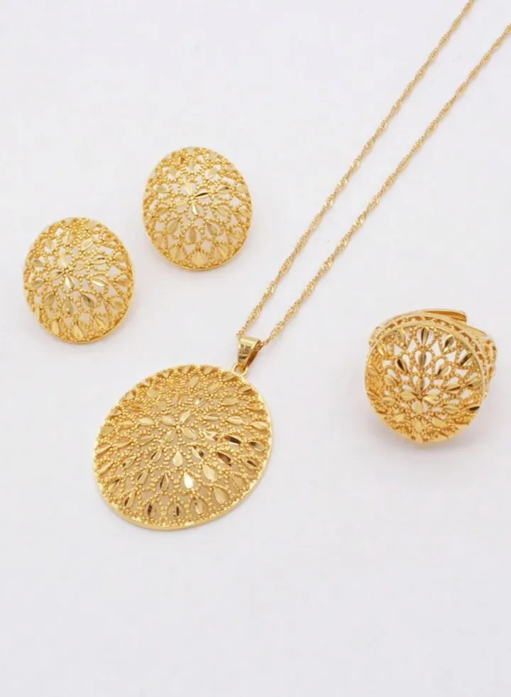 18k Gold Plated Necklace & Earrings & Ring Jewelry Set For Women