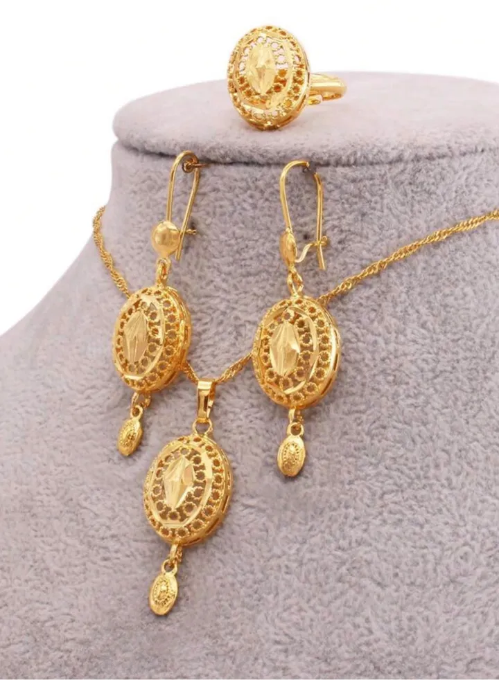 18k Gold Plated Necklace & Earrings & Ring Jewelry Set For Women