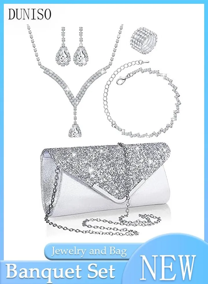 5Pcs Clutch Bag Rhinestone Jewelry Set with Necklace Earrings Bracelets Ring Rhinestone Purse Bag Glitter Evening Bag Wedding Bridal Bridesmaid Costume Jewelry Set for Women and Girls Dress Accessorie