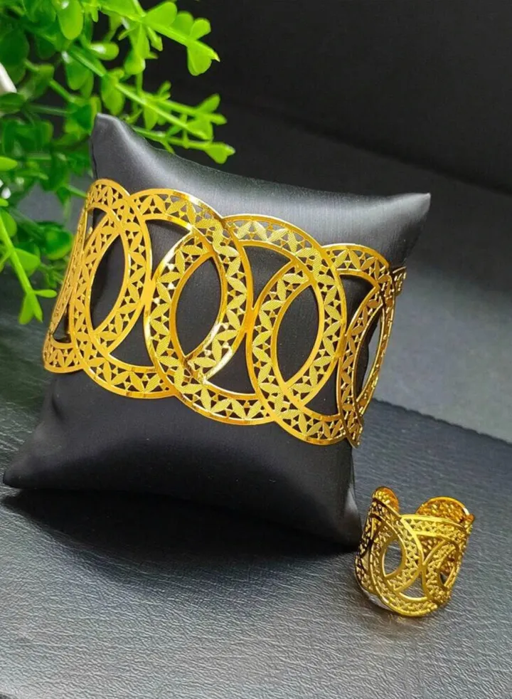 21k Gold Plated Bracelet & Ring Jewelry Set For Women