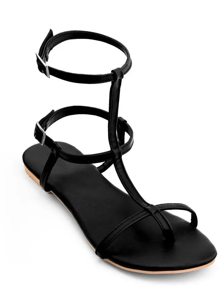 Katee Noche Black leather summerFlat sandals for women