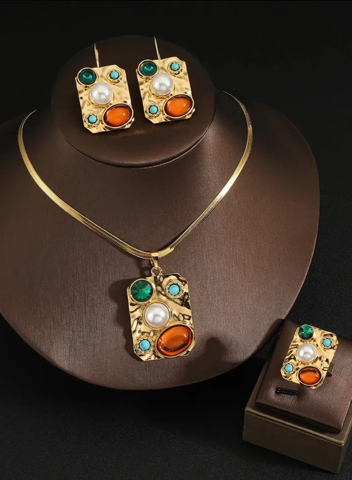 Luxury & Elegant 18k Gold Plated Necklace & Earrings & Ring Jewelry Set For Women