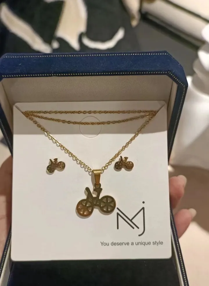 18K Gold Plated Stainless Steel Bike Clavicle Necklace Earrings Three Piece Set