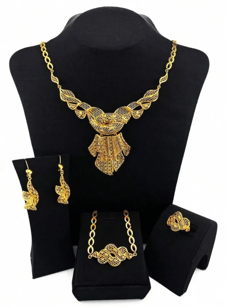 18k Gold Plated Necklace & Earrings & Bracelet & Ring Jewelry Set For Women