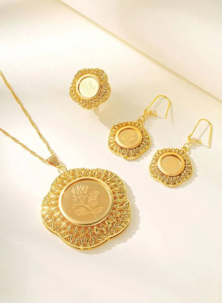 21k Gold Plated Necklace & Earrings & Ring Jewelry Set For Women