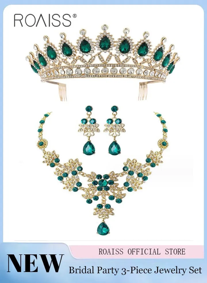 3-piece Women's Bridal Party Jewelry Set Green Gemstone Crown Earrings Necklace Set