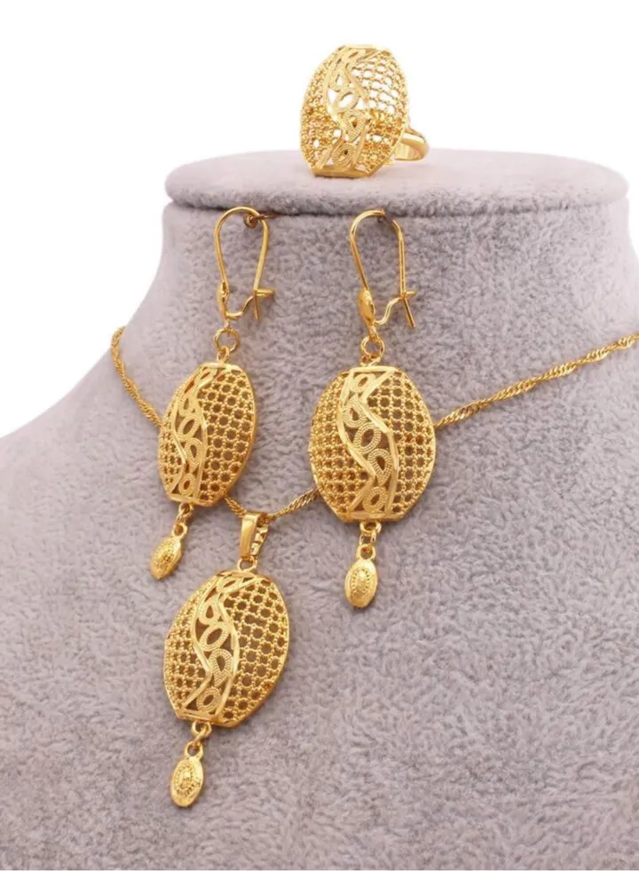 18k Gold Plated Necklace & Earrings & Ring Jewelry Set For Women