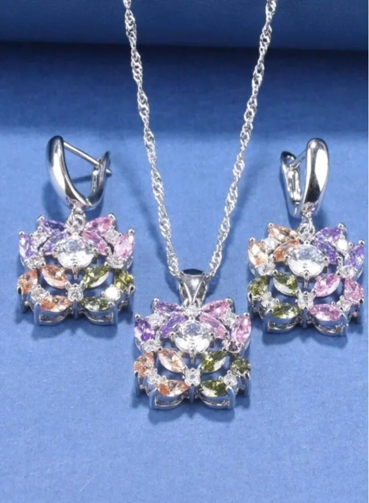 925 Silver Plated Luxury Jewellery Set For Women Inlaid With Zirconia