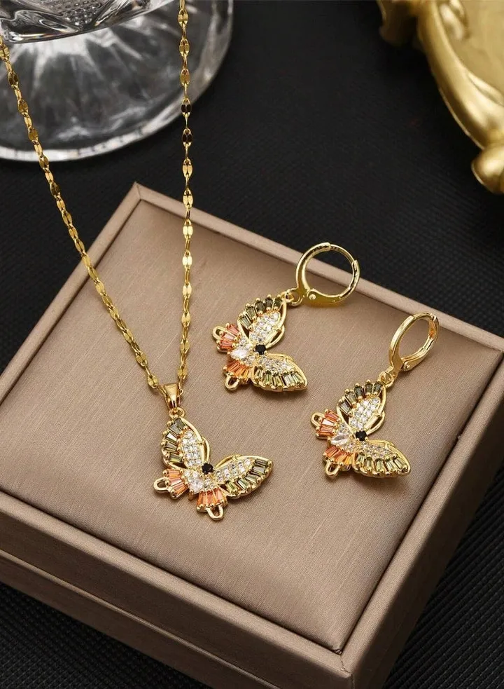 18k Gold Plated Necklace & Earrings Jewelry Set For Women
