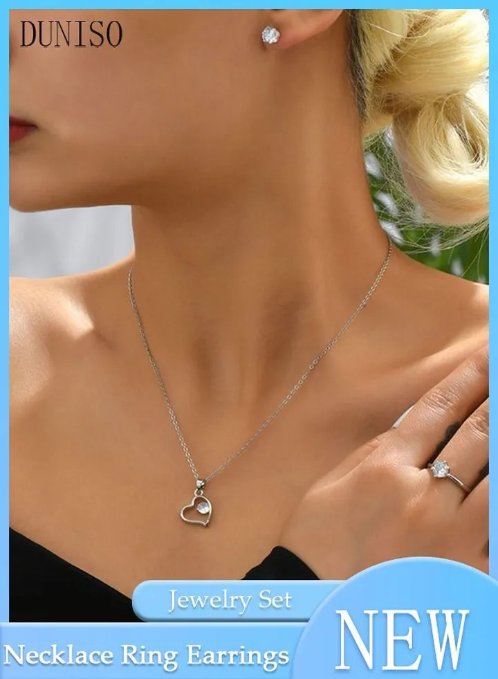 3Piece Necklace Bracelet Earrings and Ring Set Full Diamond Necklace Heart Shaped Pendant Crystal Earrings Wedding Bridal Bridesmaid Costume Jewelry Set for Women and Girls Dress Accessories