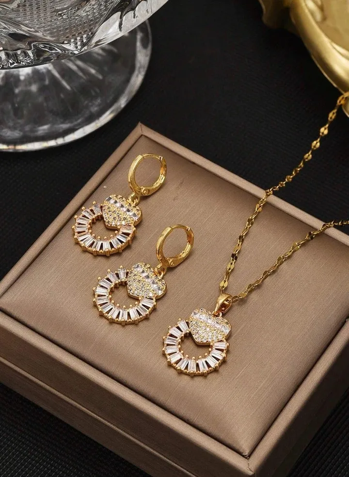 18k Gold Plated Necklace & Earrings Jewelry Set For Women