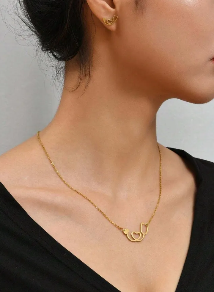 Gold Plated Stainless Steel Women's Necklace And Earrings Accessories Set