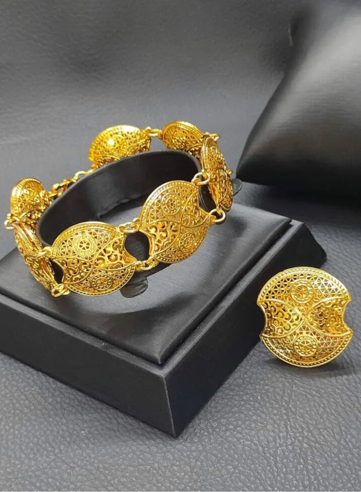 21k Gold Plated Bracelet & Ring Jewelry Set For Women