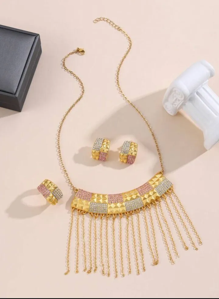 Luxury Gold Plated Necklace & Earrings & Ring Jewelry Set For Women