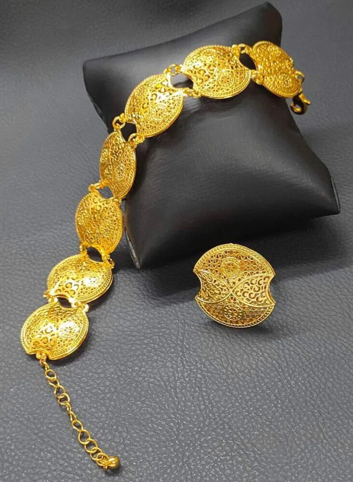 21k Gold Plated Bracelet & Ring Jewelry Set For Women