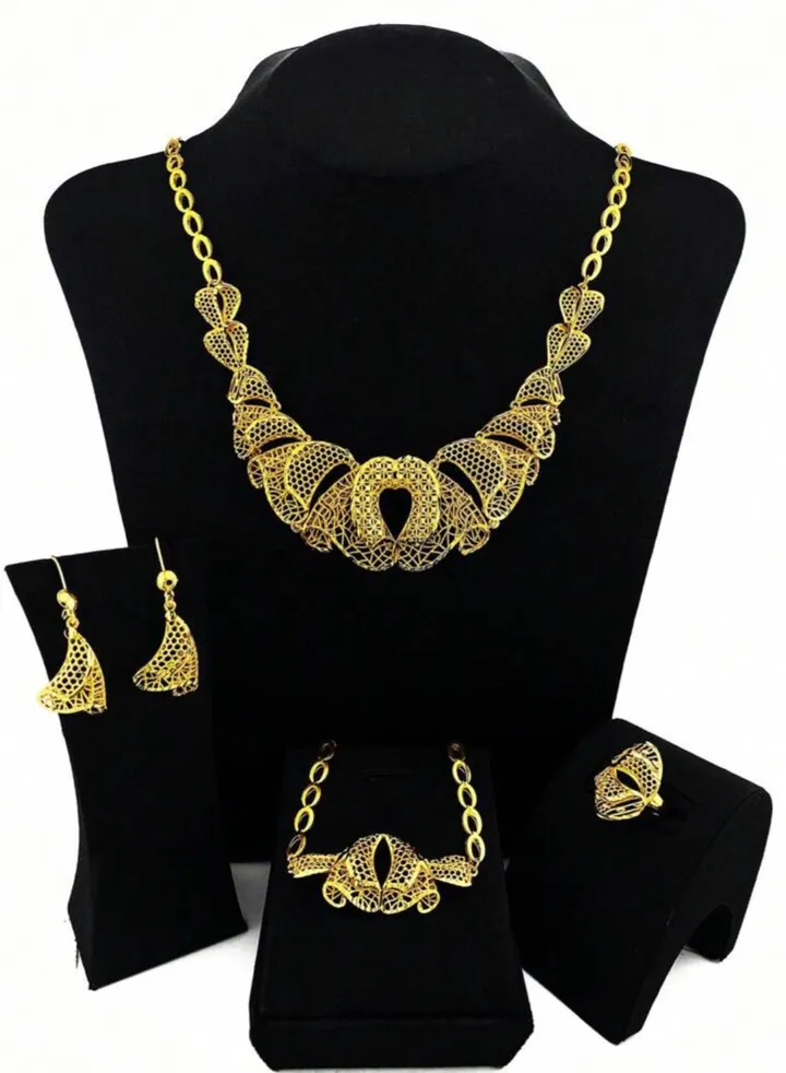 18k Gold Plated Necklace & Earrings & Bracelet & Ring Jewelry Set For Women