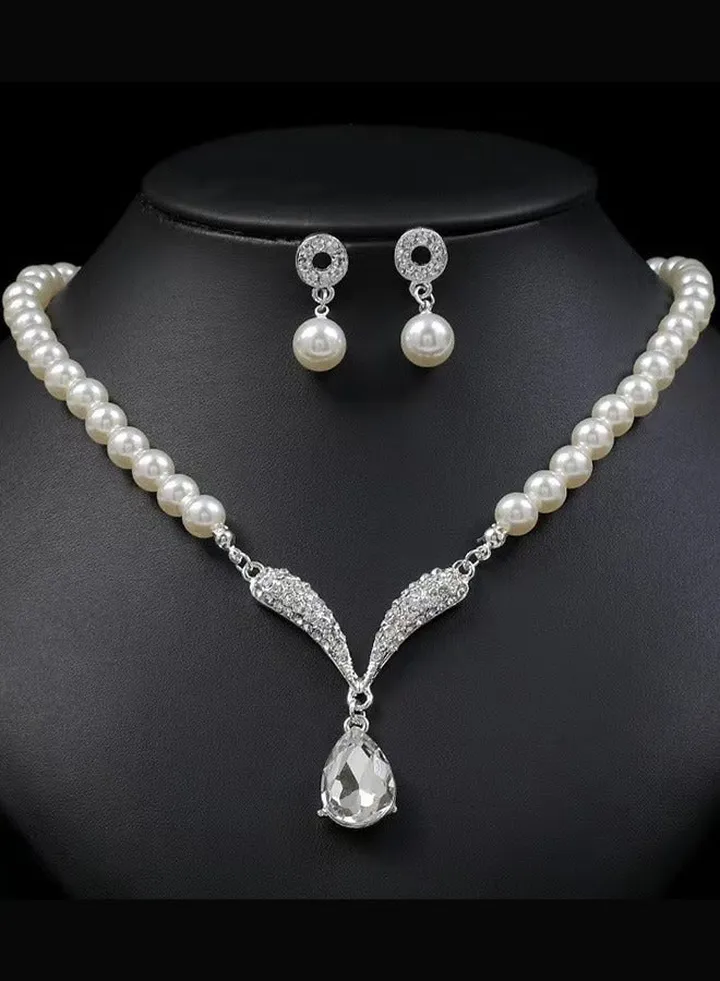 Korean Pearl Necklace Earrings Set Bridal Dress Accessories