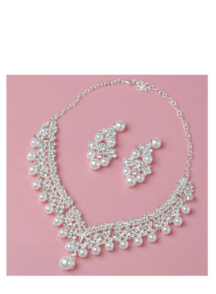 Bridal Necklace Earrings Three Piece Pearl Tiara Crown Bridal Jewelry Wedding Dress