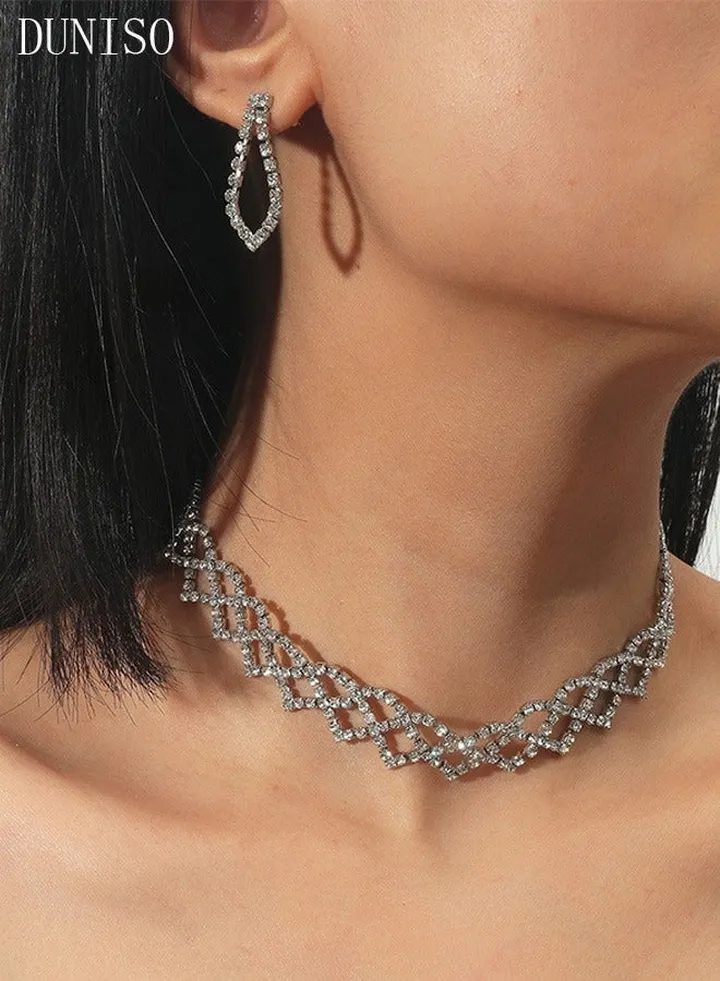 2Piece Necklace and Earrings Set Full Diamond Necklace Crystal Earrings Wedding Bridal Bridesmaid Costume Jewelry Set for Women and Girls Dress Accessories