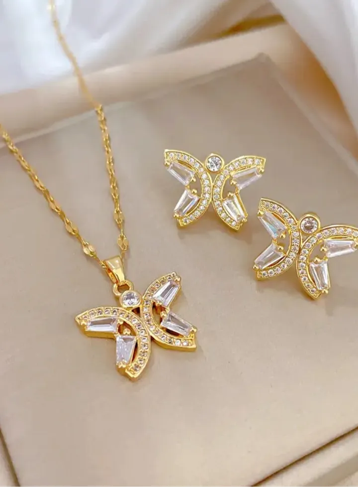 Elegant Stainless Steel Gold Plated Necklace & Earrings Jewellery Set For Women