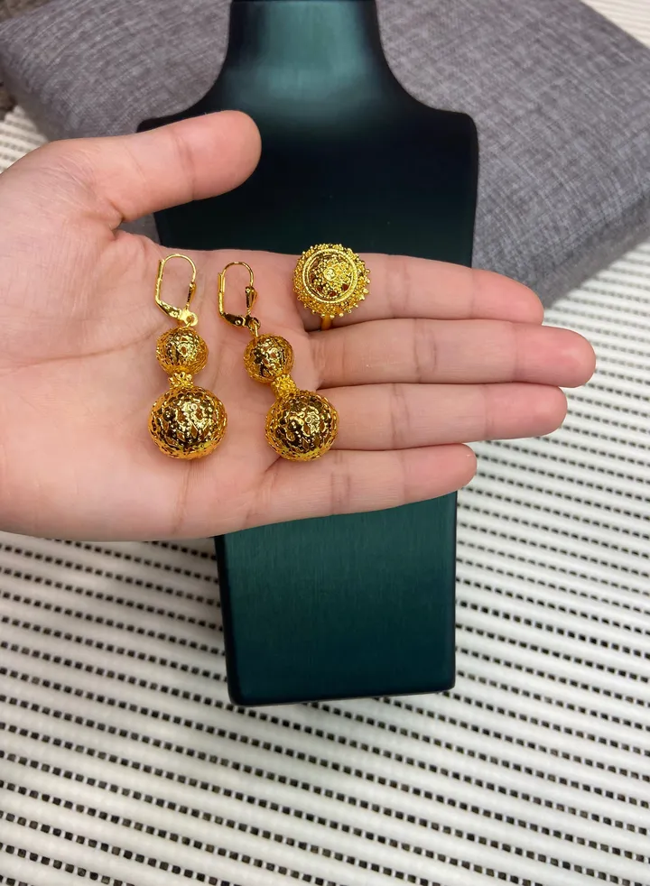 21k Gold Plated Earrings & Ring Jewelry Set For Women