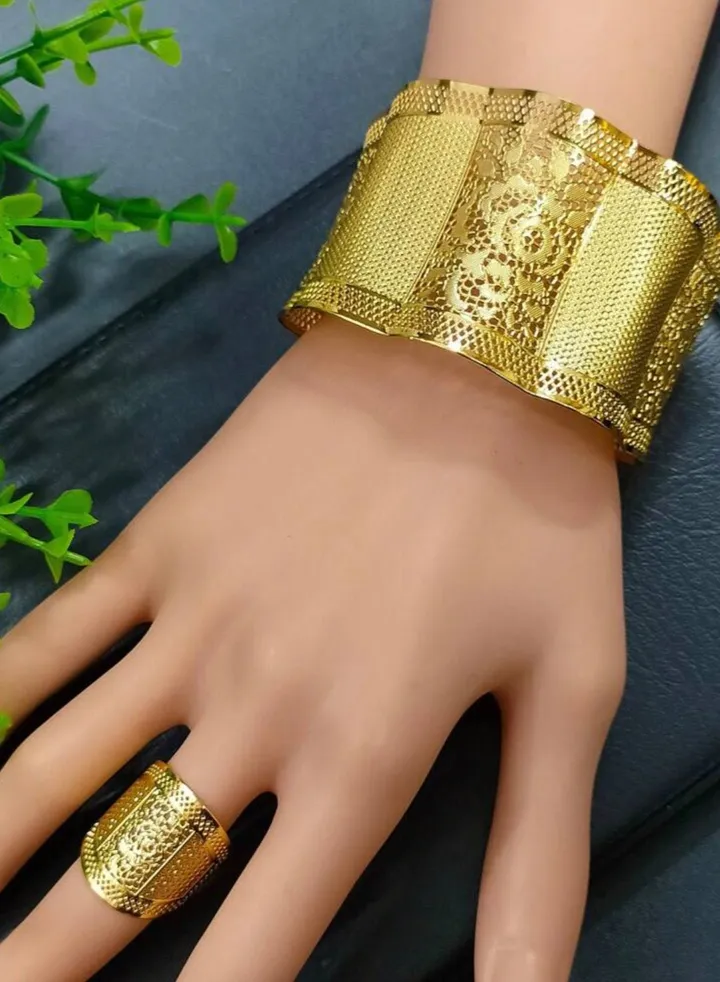 21k Gold Plated Bracelet & Ring Jewelry Set For Women