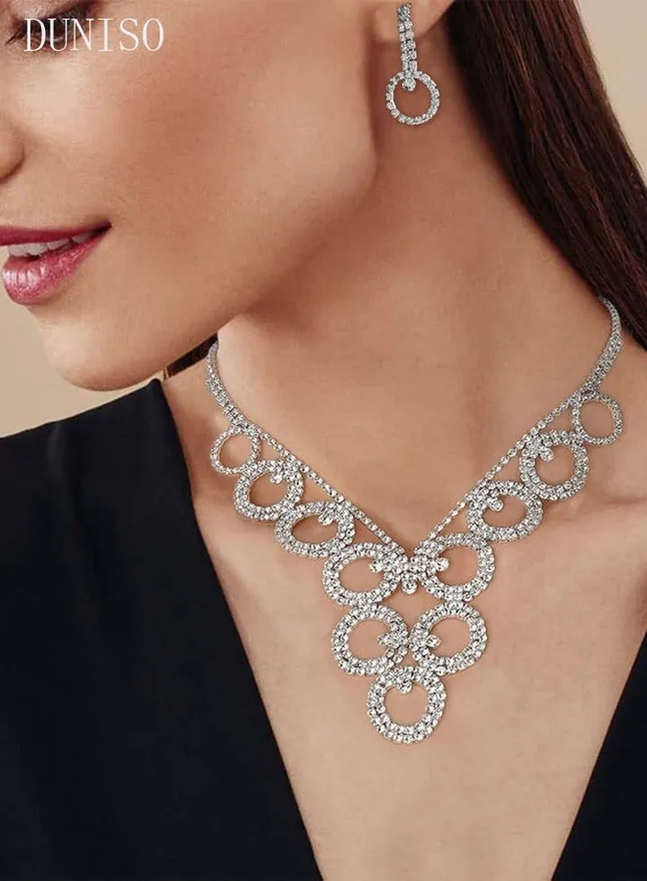 2Peice Necklace and Earrings Set Full Diamond Necklace Crystal Earrings Wedding Bridal Bridesmaid Costume Jewelry Set for Women and Girls Dress Accessories