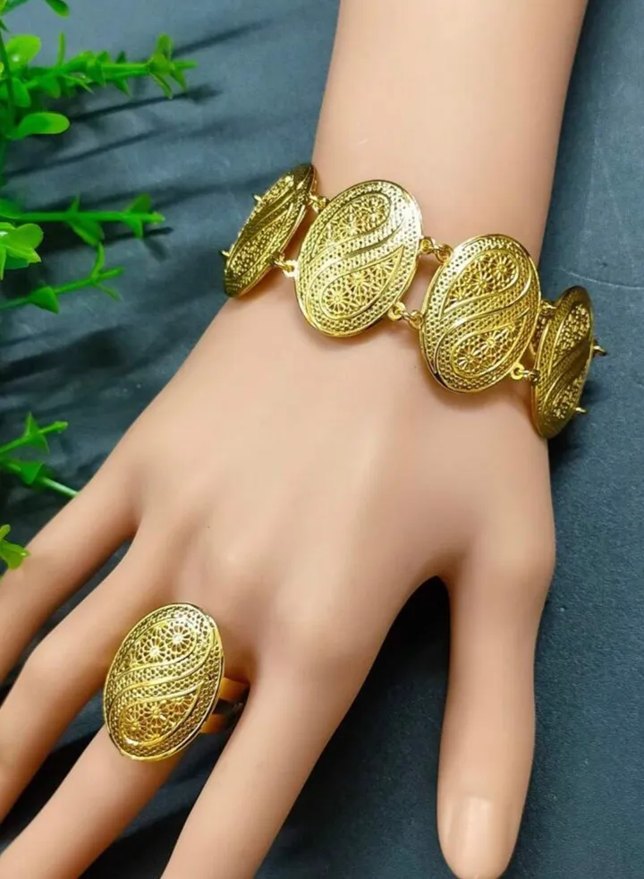 21k Gold Plated Bracelet & Ring Jewelry Set For Women