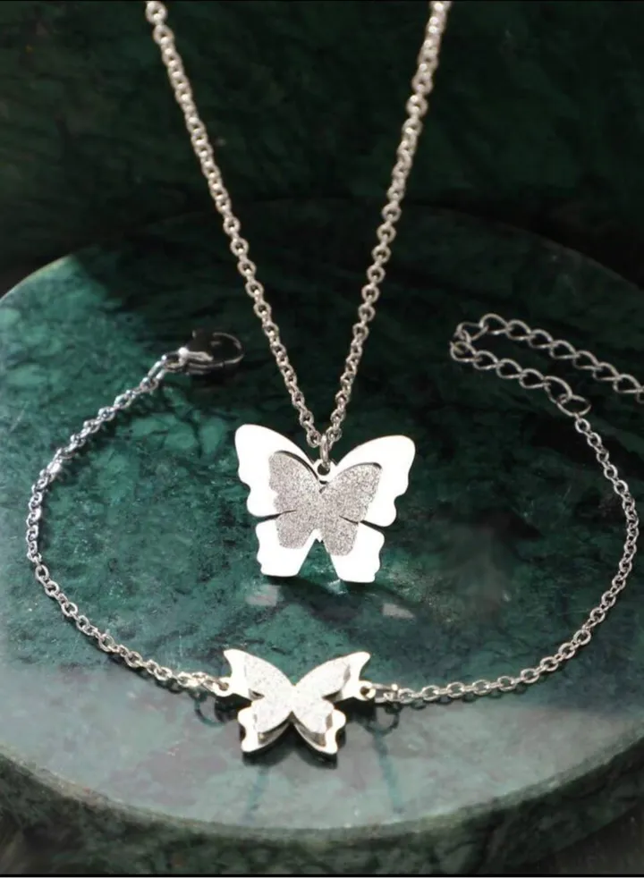 Silver Plated Stainless Steel Necklace & Bracelet Jewelry Set For Women