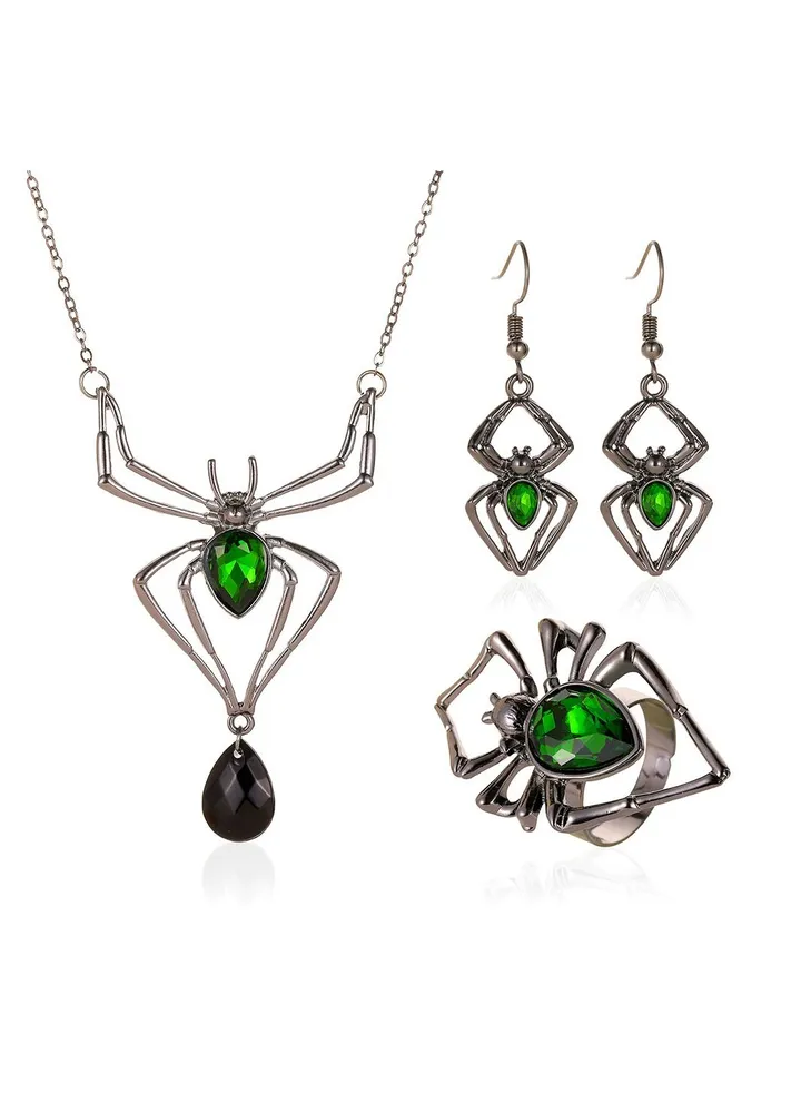 Antique Black Spider Pendant Rhodium Plated Necklace and Earrings