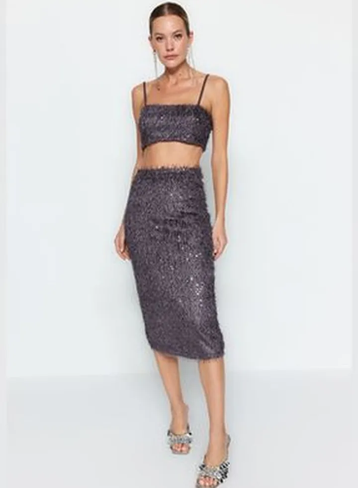 Silver Fringed Sequin Midi Skirt TPRAW24ET00037