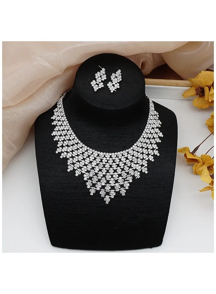 3Pcs Rhinestone Jewelry Set Shinning Necklace Zircon Earrings Pendant Dress Accessory Chic Gift for Women Ladies Mother Wife Bridesmaids Wedding Party Sliver