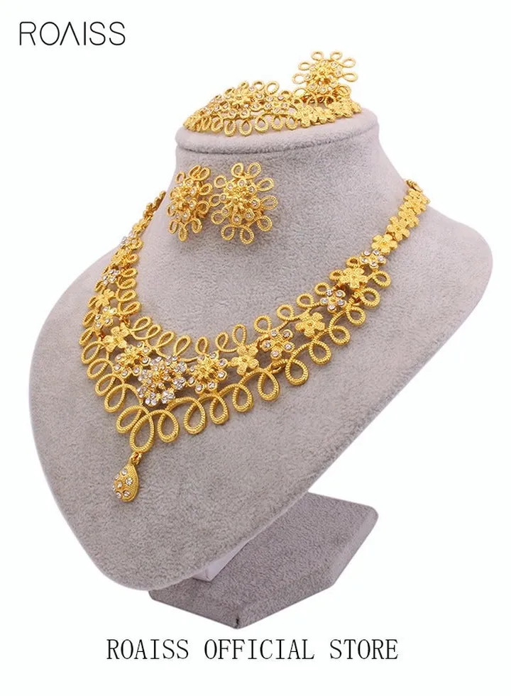 Golden Bride Wedding Jewelry Set for Women Necklace Bracelet Earrings and Ring with Inlaid Gemstones