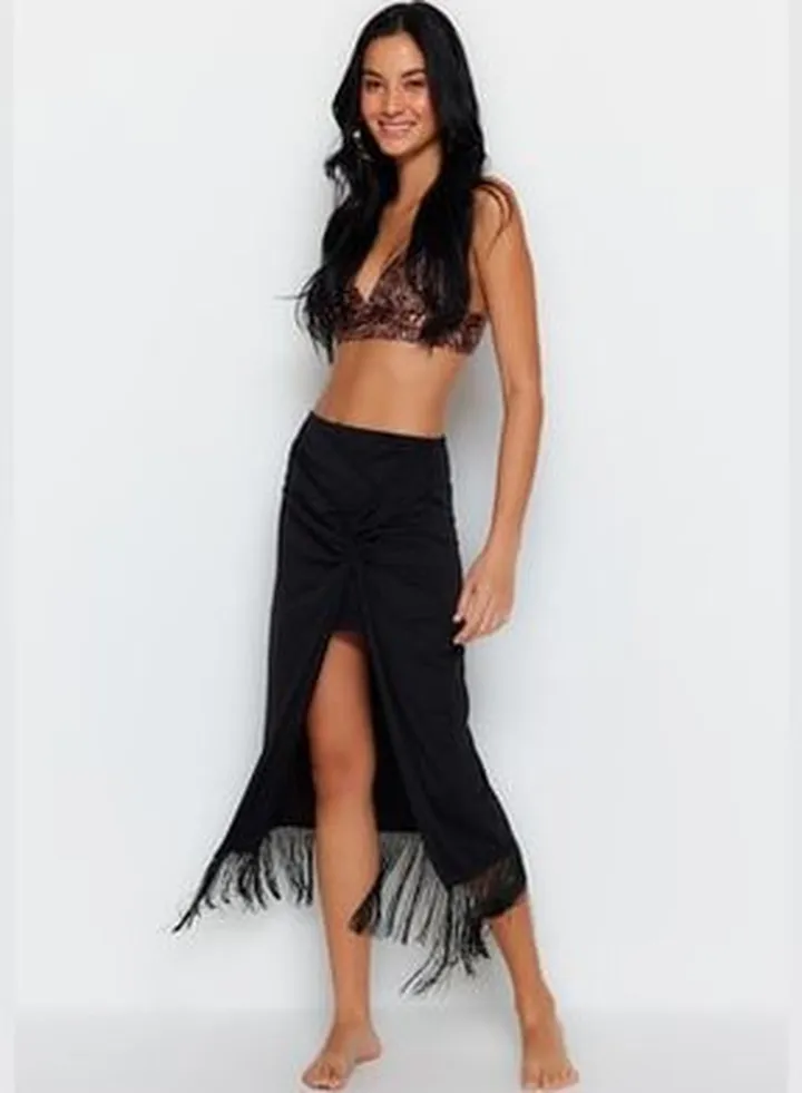 Black Maxi Knitted Skirt With Tassels TBESS23ET00034
