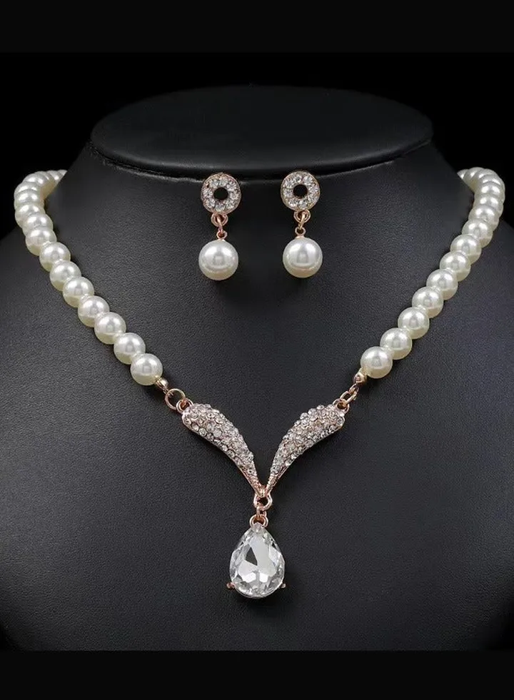 Korean Pearl Necklace Earrings Set Bridal Dress Accessories