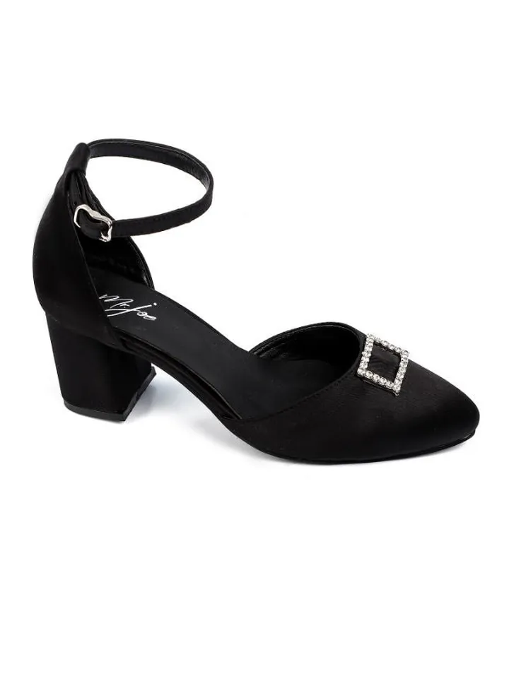 Women Heeled Sandals With Front Decorative Strass Buckle Black
