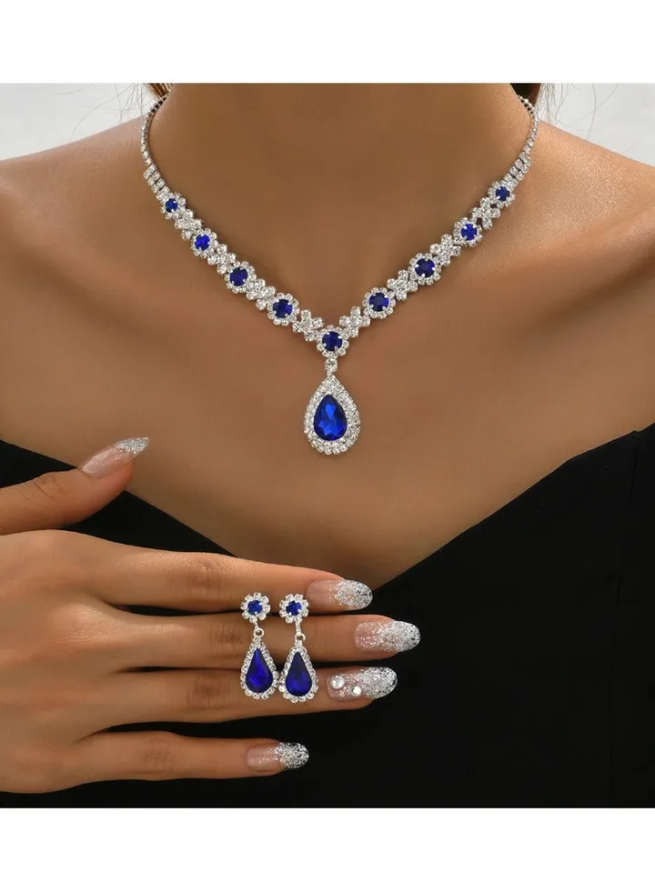 3PCS Rhinestone Necklace Earrings Drop Pendant Bridal Evening Gown Accessories For Women Blue