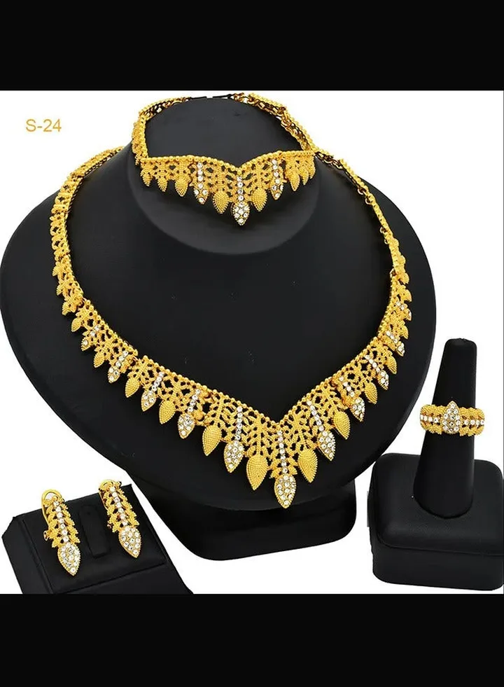 24k Gold-Plated Arabian Bride Necklace Earrings Ring Bracelet 4-Piece Jewelry Set