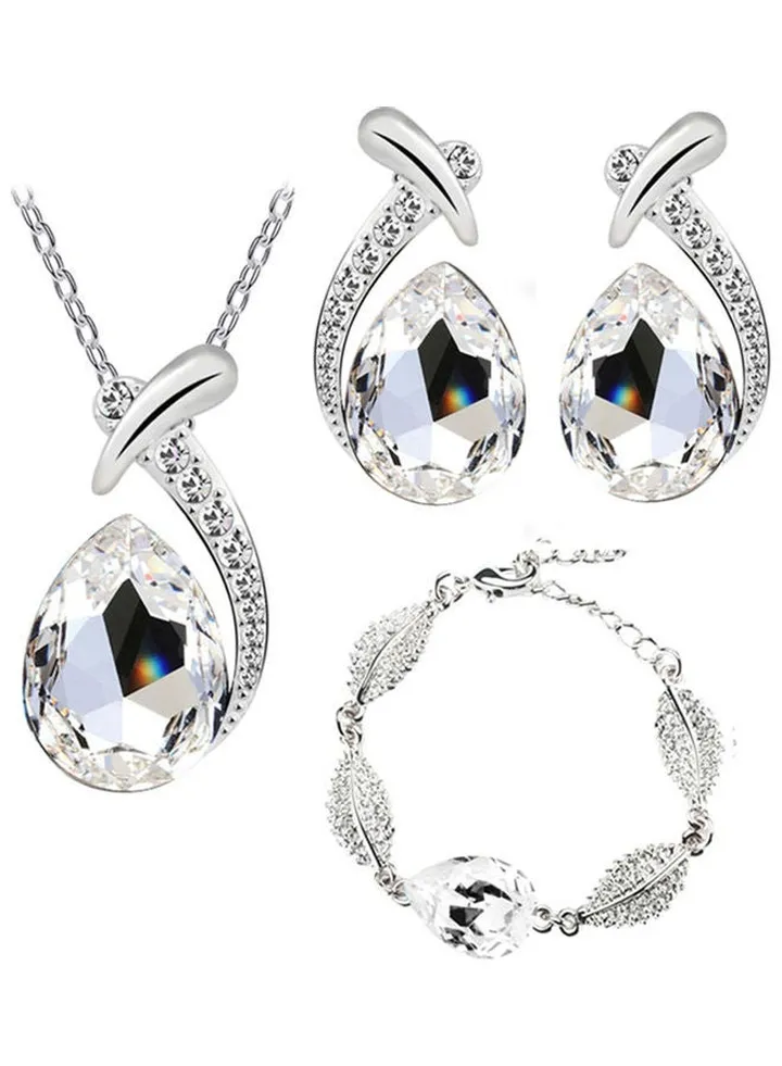 Rhinestone Pendant Necklace Bracelet Earrings Jewelry Set