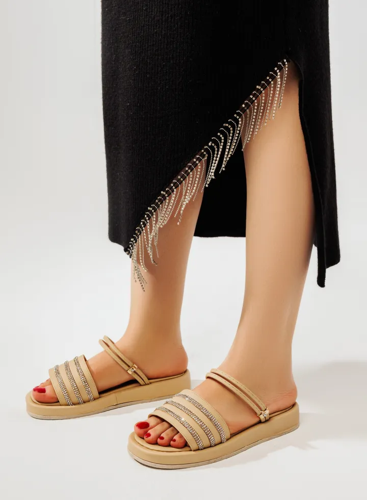 Sandal Flat Leather With Diamond Straps SF-43 - Beige