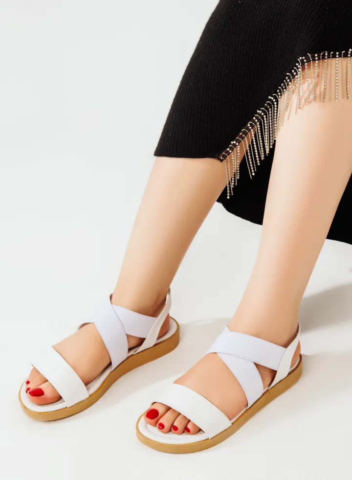 Sandal Flat Leather Elastic SF-44 - White