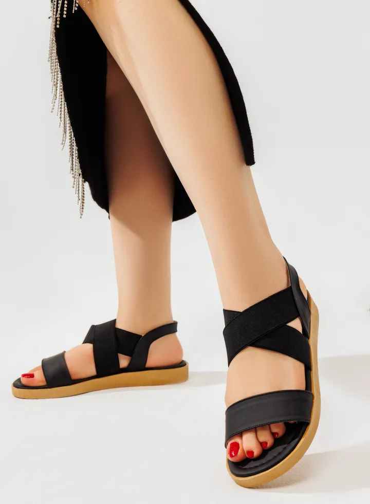 Sandal Flat Leather Elastic SF-44 - Black