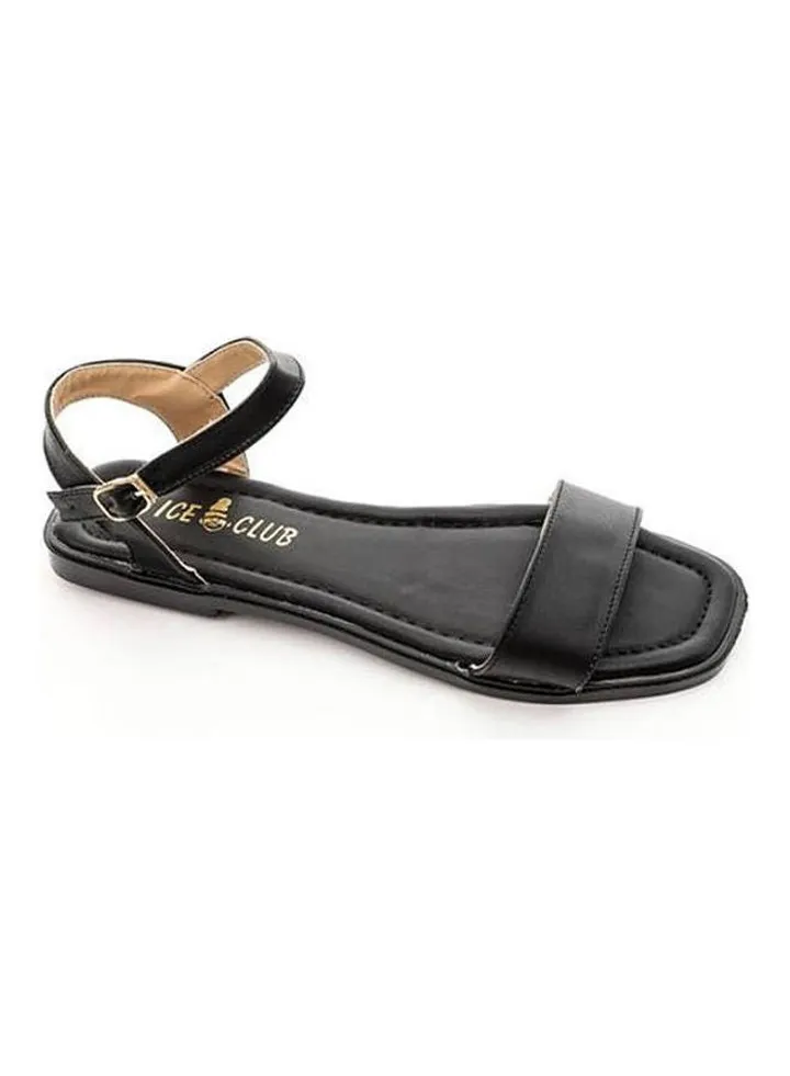 Textured Leather Buckled Flat Sandals Black