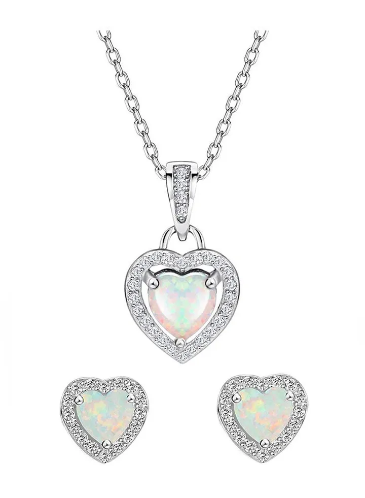 925 Sterling Silver Heart Pendant Necklace And Earrings Set With Opal