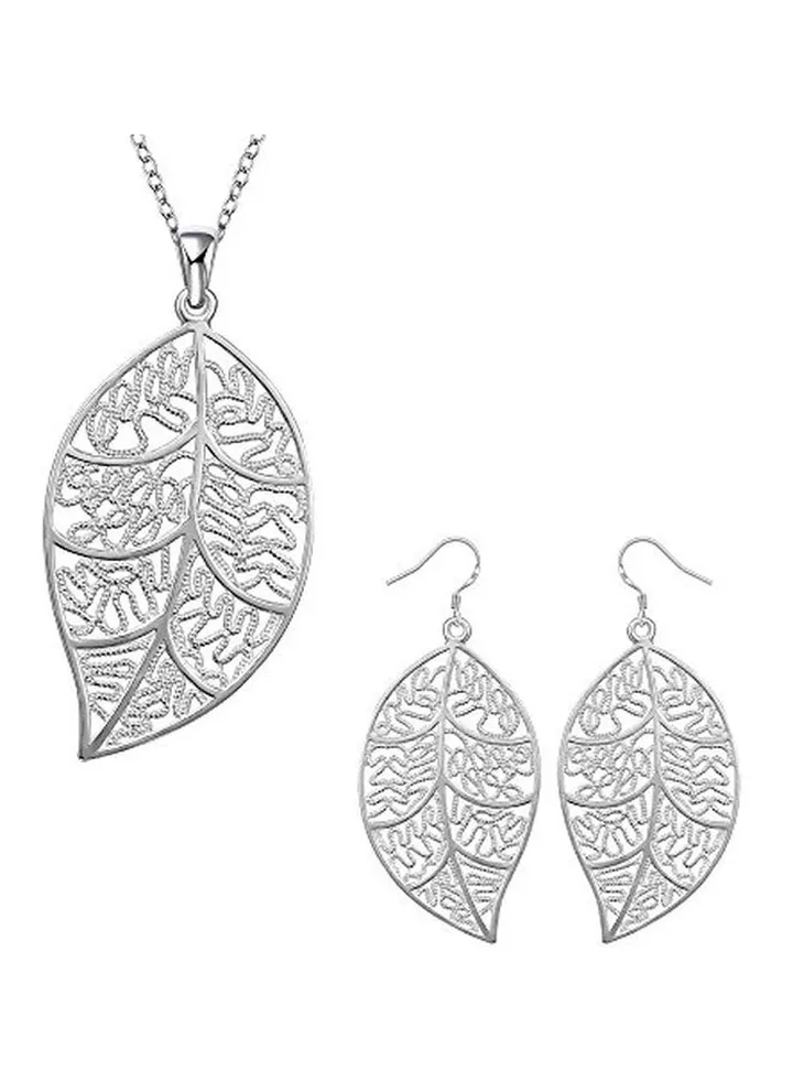 925 Sterling Silver Natural Leaf Necklace And Earrings Set