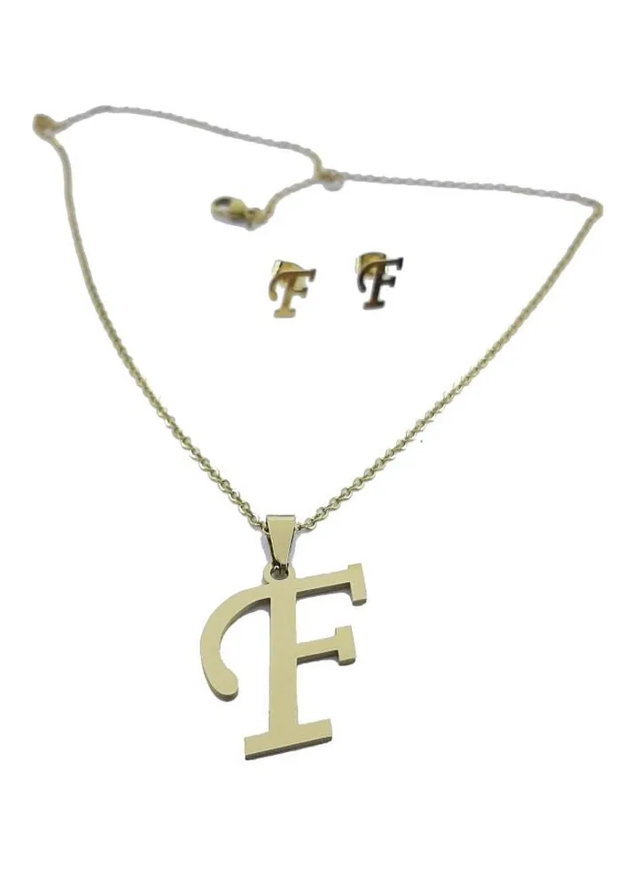 Letter F Designed Pendant Necklace With Stud Earrings Set