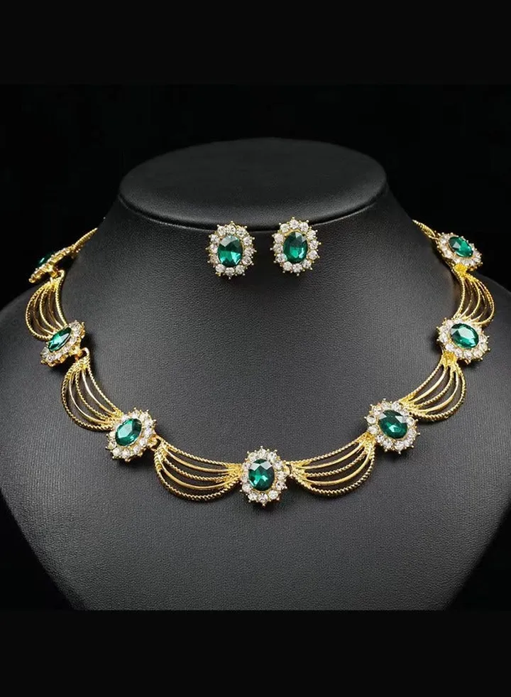 Jewelry Set Green Crystal Necklace Earrings Medieval Style Wedding Jewelry Set Bridesmaid Party Choker Necklace