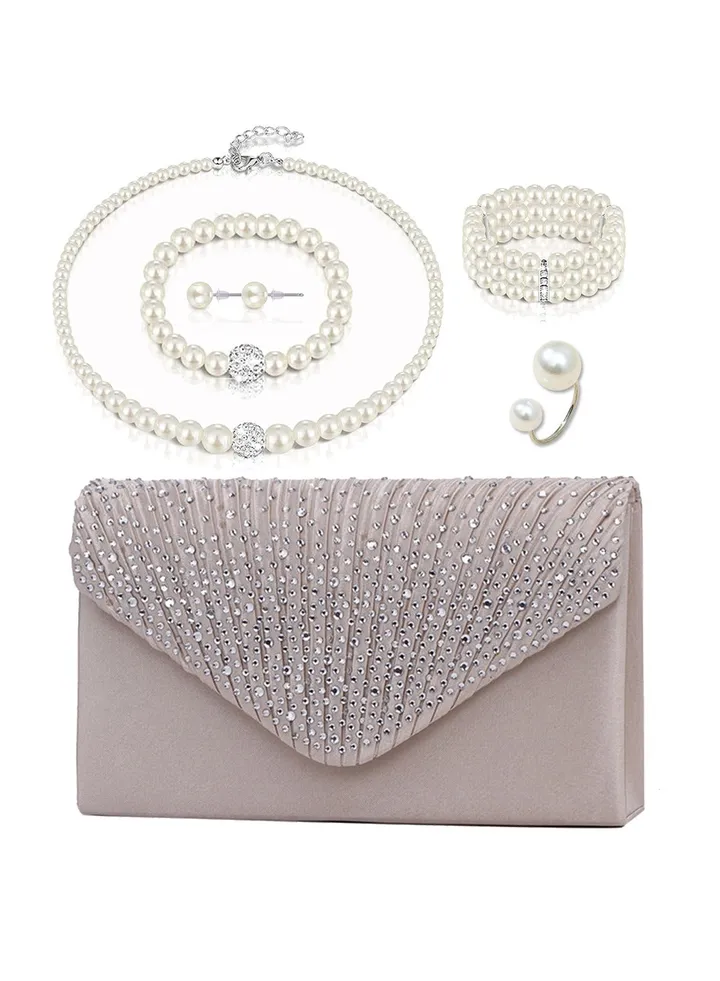 4 Pcs White Pearl Jewelry Set with Women Glitter Evening Clutch Bag, Full Rhinestone Necklace and Crystal Earrings Bracelet, Party Wedding dress Accessories, Jewelry Set for Women and Girls