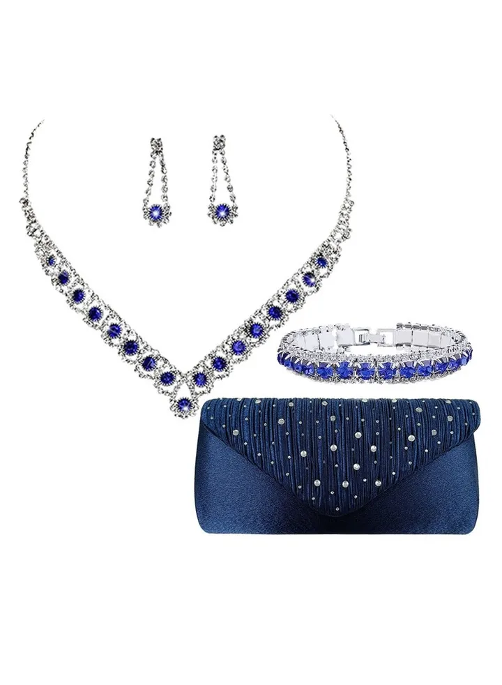 4 Pcs Blue Rhinestone Jewelry Set with Women Glitter Evening Clutch Bag, Full Rhinestone Necklace and Crystal Earrings Bracelet, Party Wedding dress Accessories, Jewelry Set for Women and Girls